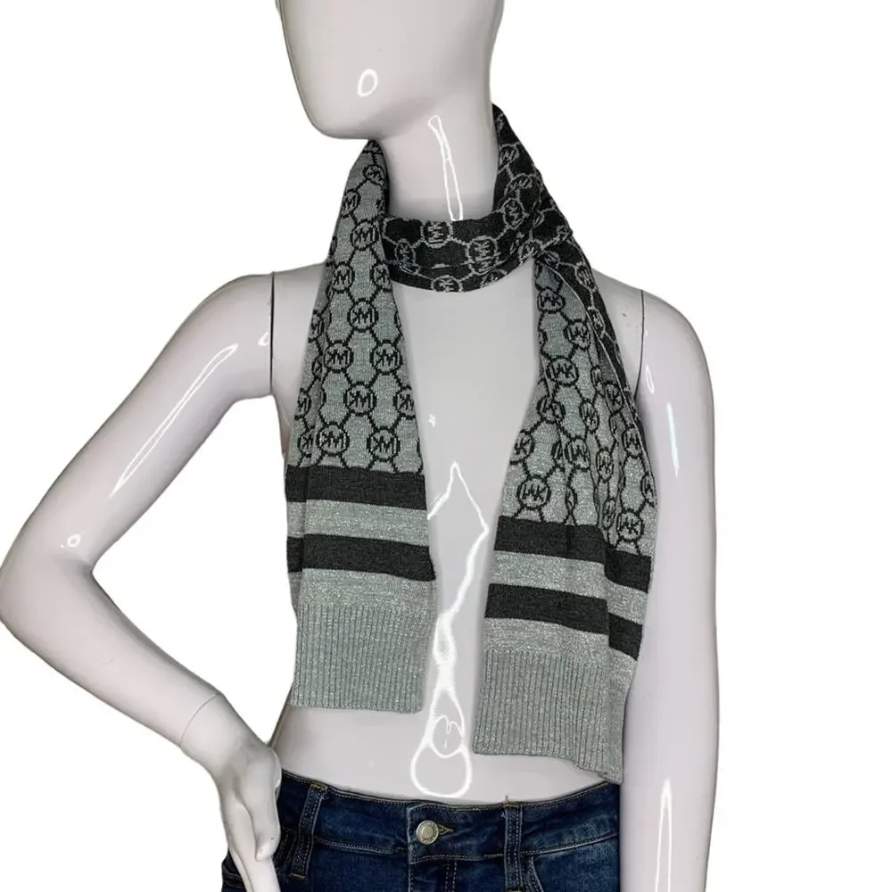 Michael Michael Kors Jet Set Logo Knit Scarf Charcoal and Metallic Silve